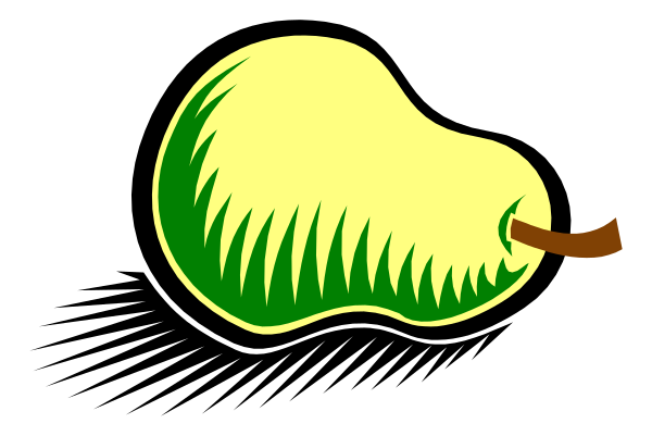 The image shows a cartoon of an apple with teeth that looks like it's smiling at something off-screen to its right side.