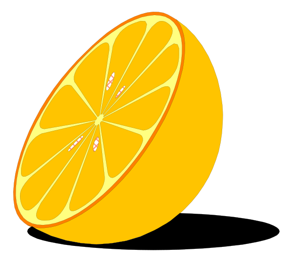 The image shows a slice of an orange with its peel still on it against a black background.
