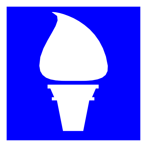 The image shows a blue sign with an ice cream cone symbol on it against a white background.