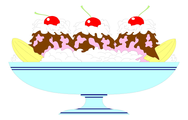 The image shows a cartoon depiction of an ice cream sundae with whipped cream topping three scoops in a bowl on top of what appears to be vanilla cake slices; there is also fruit, possibly bananas and strawberries or cherries, around the edges of the dish.