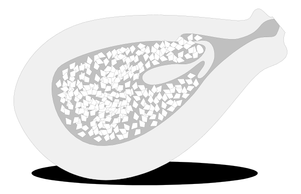 The black and white silhouette of a leaf with snowflakes around it on top of what appears to be an ice cream cone shape in front of it.