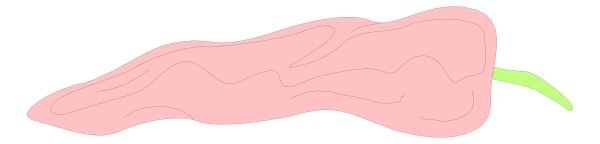 The image shows a pink pepper with green stem on top of it against a gray background.