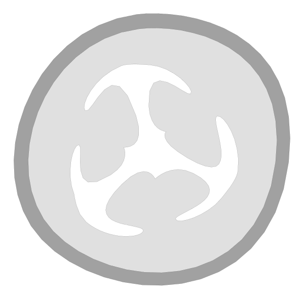 The image shows a stylized logo with an emblem that resembles a shield featuring two crossed swords on either side of what appears to be a crest in between them; above this central design is another, smaller circle containing three lines radiating outward from each other and forming the shape of a triangle. The background behind these elements is white or light-colored with no distinct features that provide additional context about setting or environment.