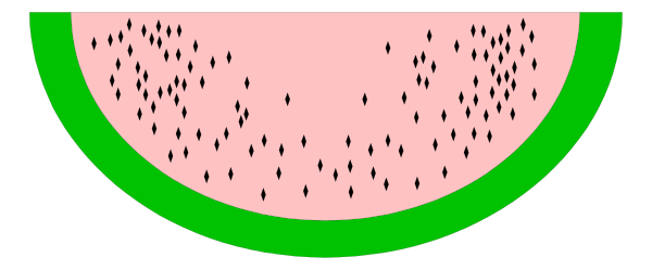 The image shows a watermelon slice with black dots representing seeds on it against a dark background.