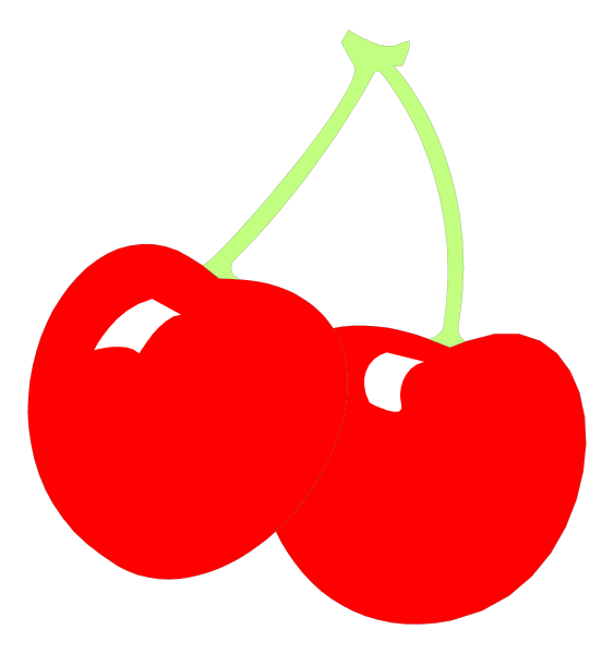 The image shows two cherries with a stem between them against a black background.