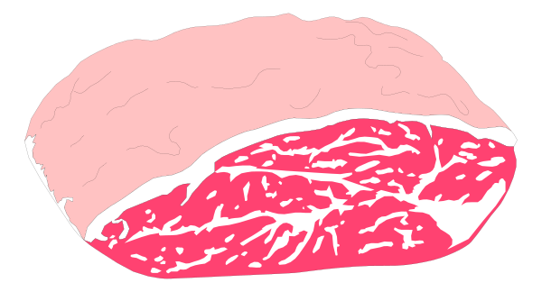 The image shows a large piece of raw steak with visible marbling on top against a dark background.