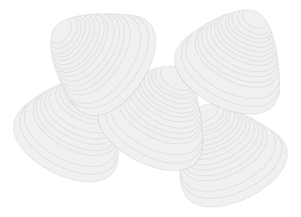 The image shows a collection of white shapes that resemble stylized shells arranged on top of each other against a black background.