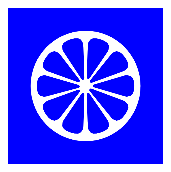The image shows a blue circle with an orange slice inside it on top of another smaller blue square that has white lines forming what appears to be a wheel-like design in its center.