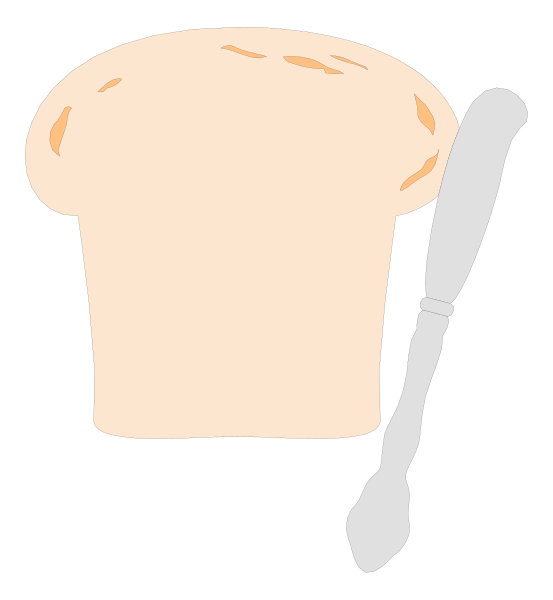 The image shows a cartoon of an uncooked loaf of bread with a knife resting on it next to what appears to be a wooden spoon in front of them both against a black background.