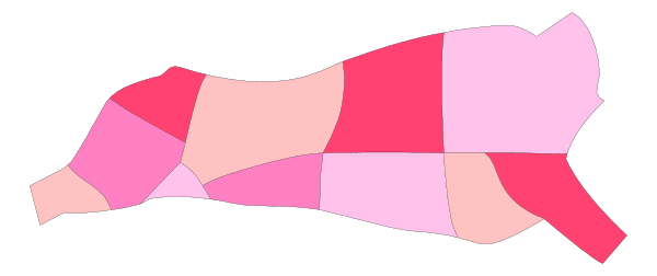 The image shows a stylized map with various colored regions that resemble different types of food items such as pizza slices in red, hot dogs in pink, burgers in brown, sandwiches in green and yellow, possibly indicating areas where these foods might be popular or commonly found within the region.