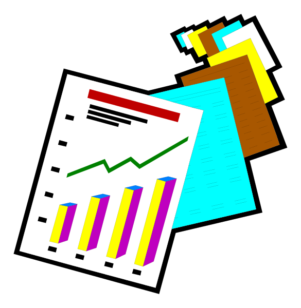 The image shows a black and white illustration of an open book with pages that have graphs on them next to what appears to be a clipboard holding papers related to finance or data analysis.