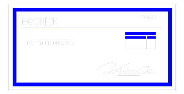 The image shows a check with text that reads "PAYCHECK" at top left corner of an otherwise blank white background within what appears to be a computer-generated graphic resembling a physical object in front view, set against a dark grey gradient backdrop and bordered by blue lines on the right side.