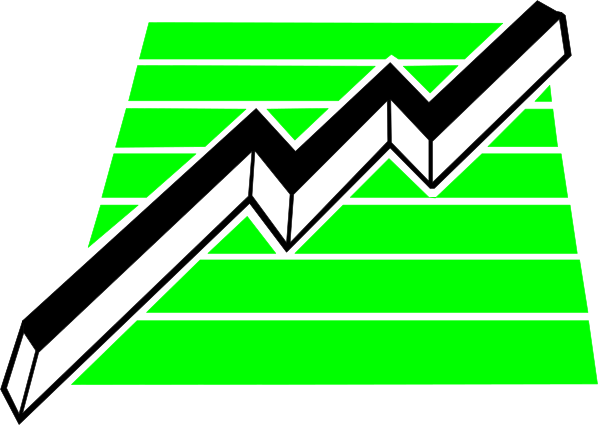 The image shows a stylized graphic of an upward trending line graph with green bars on top against a black background.
