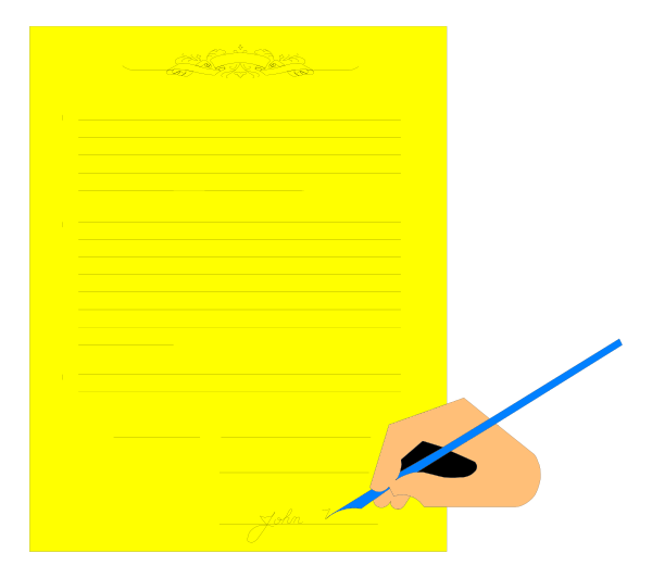 The image shows a person signing an official document with ink pen on paper that is yellowish green; there's no text in this clip-art illustration.