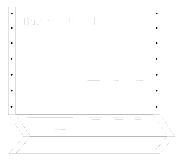 The image shows a simple black and white illustration of an open laptop with its screen displaying what appears to be a blank document titled "Balance Sheet."