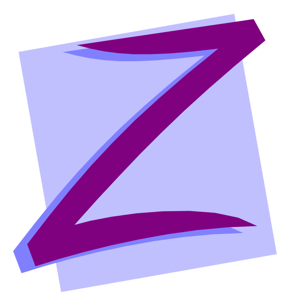 The image shows a stylized letter "Z" with an abstract design element to its right side that resembles a purple squiggle on top of what appears to be a blue rectangle shape.