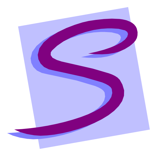 The image shows a stylized letter 'S' with an abstract design element resembling water droplets to its right side in shades of blue on a white background.