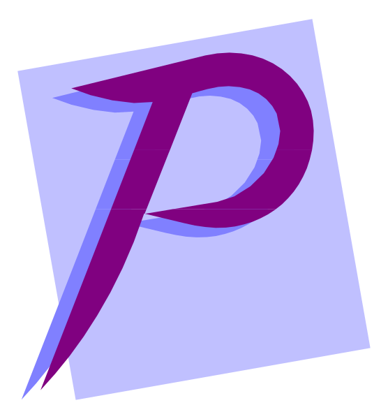 The image shows a logo with an abstract design resembling a letter 'P' inside what appears to be a square frame against a purple background on top of another graphic element that looks like a blue lightning bolt, all set within a white border framing both elements together in one picture.
