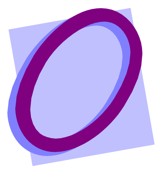The image shows a stylized representation of an oval shape with concentric circles inside it against a white background on the left side; there is also another smaller circle in purple to its right that appears slightly out-of-focus, and below these shapes lies what seems like a blue line or band.