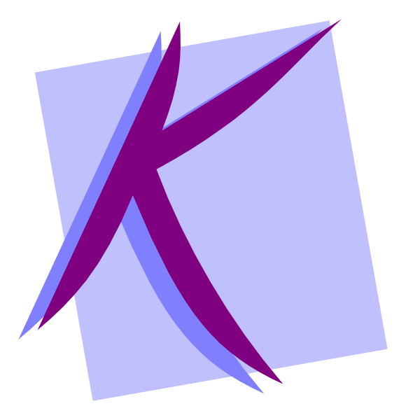 The image shows a stylized letter "K" with an abstract design on its right side against a dark background; there is also another smaller square in purple to the left of this central figure that appears similar but less detailed, and it's placed next to what looks like a black rectangle or box.
