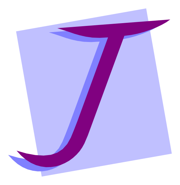 The image shows a stylized letter "J" with an abstract design on its right side against a purple background.