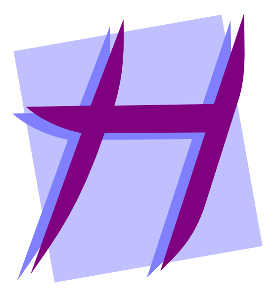 The image shows a stylized graphic of an abstract design with geometric shapes resembling letters 'H' and 'I', possibly representing initials in purple on top against a white background at bottom left corner, set within what appears to be a square frame or border that has diagonal lines creating the illusion of depth.