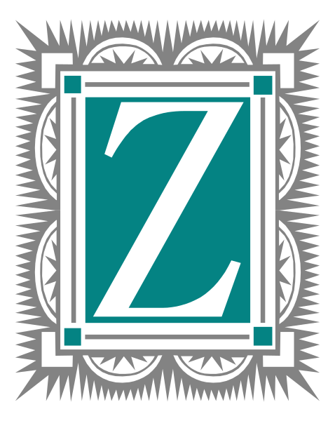 The logo of a company named "Z". It features an emblem with two crossed swords on either side of a shield that has letter 'z' inscribed within it.