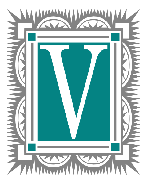 The logo features a stylized letter 'V' inside an intricate border with decorative elements such as patterns and possibly some sort of emblem on top left corner.
