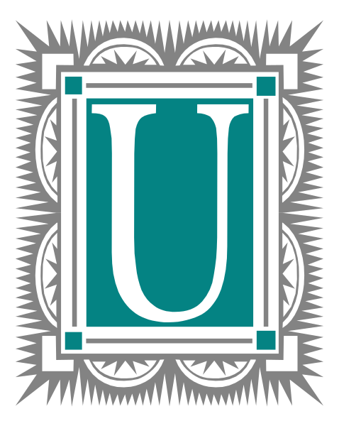 The logo features a stylized letter 'U' with decorative elements around it within an intricate border design that resembles architectural details; there is no text present in this image to provide additional context about its meaning, branding, etc., as suggested by your request for specific and concrete descriptions.
