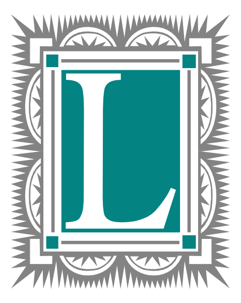 The logo consists of a letter 'L' inside an intricate border with decorative elements around it against a dark background.