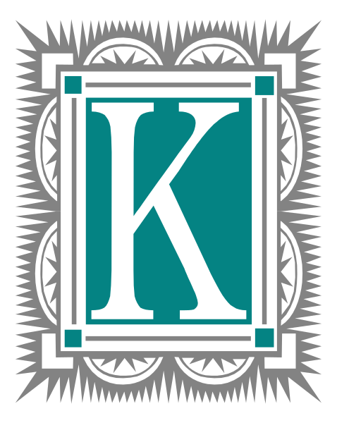 The logo features a stylized letter "K" with an intricate design around it within what appears to be a square frame, set against a dark background; there is no text other than the initials 'K' and possibly some decorative elements that could suggest ornamental patterns but are not clearly distinguishable.