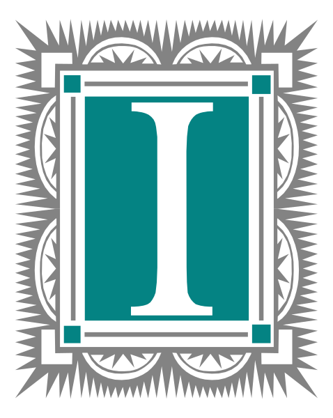 The logo features a stylized letter 'I' inside an intricate border with decorative elements such as lines and patterns around it.