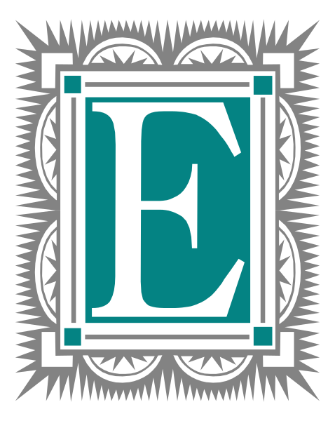 The logo features a stylized letter 'E' with an intricate design around it within what appears to be a decorative border that resembles architectural elements such as columns and arches in shades of blue, white, black, and gold on a gray background.