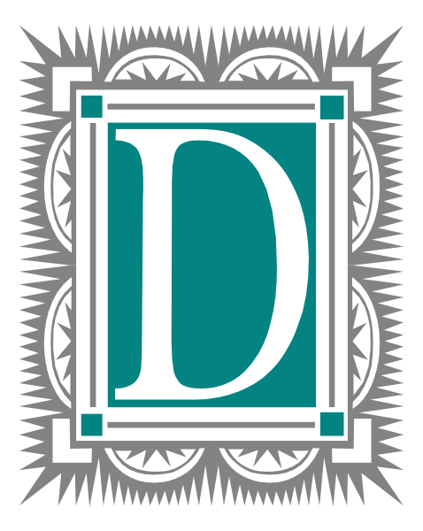 The logo features a stylized letter "D" with an intricate design around it within what appears to be a decorative border that resembles architectural elements such as columns and arches in shades of blue, white, green, red, yellow, black, gray, and teal.