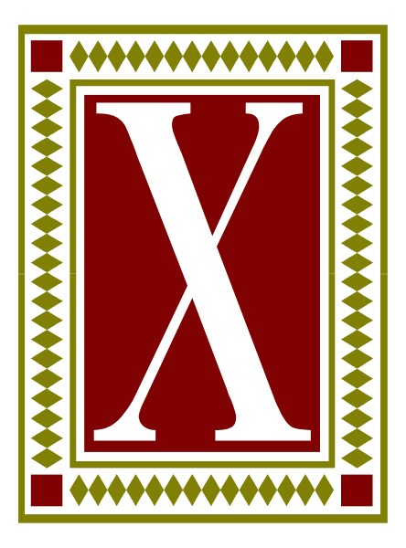 The image shows a logo with an emblem that includes two crossed swords on either side of what appears to be a shield bearing a letter 'X'. Above this central design is a banner featuring decorative patterns and possibly text, but it's not legible in this viewpoint.