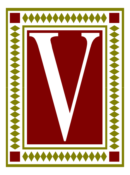 The image shows a logo with an emblem that resembles a shield containing two crossed swords on either side of what appears to be a letter 'V'. Above this central design is another smaller banner, and below it there's decorative border featuring geometric patterns in red and gold colors.