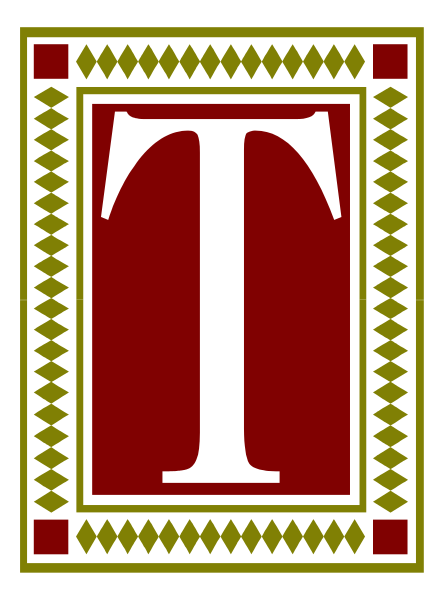 The image shows a logo with an emblem that resembles a letter 'T' inside it, set against a red background bordered by white lines at both ends of each side; above this central design is another border featuring small geometric shapes in shades of yellow and blue on either end.