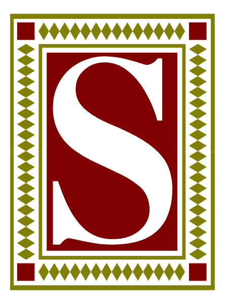 The image shows a logo with an emblem that includes letters "S" inside of it on top left corner against red background; below is a banner-like design in gold coloring featuring what appears to be stylized text and decorative elements, possibly representing a coat of arms or heraldic symbol.
