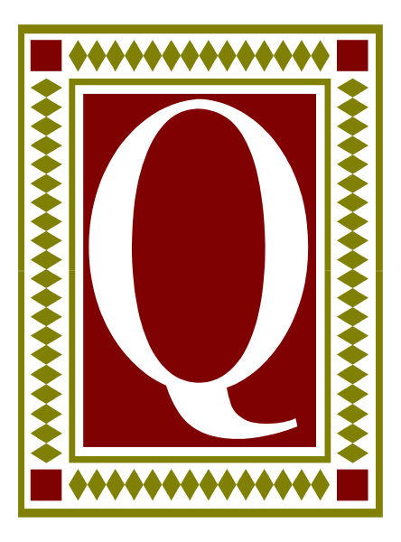 The image shows a logo with an emblem that resembles Q on top of two vertical lines forming what appears to be a stylized letter "Q". Below this symbol is another line containing text in uppercase letters, which reads 'Q'. To the left side of the design there's a red banner-like element and below it are decorative patterns. The background has an intricate border with geometric shapes that resemble tiles or bricks arranged around the central logo.