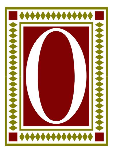The image shows a red square with an "O" inside it on top of what appears to be a banner-like design featuring decorative borders in gold and black tones against a dark background; there is also a small, stylized border at the bottom that resembles tribal or traditional patterns.