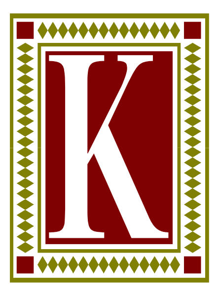 The image shows a logo with an emblem that includes two crossed swords on either side of what appears to be a shield-like design in red at its center; above this central element is a letter 'K' enclosed within a square border, and below it there seems to be some sort of decorative pattern or text. The background has diagonal stripes alternating between black and white colors with small dots along the edges that resemble stitching on fabric.