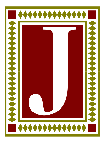 The image shows a logo with an emblem that resembles a shield containing two crossed swords above it; below this is a letter 'J' in large white font on a red background within a black border, and to its right there appears to be some sort of decorative pattern or design.