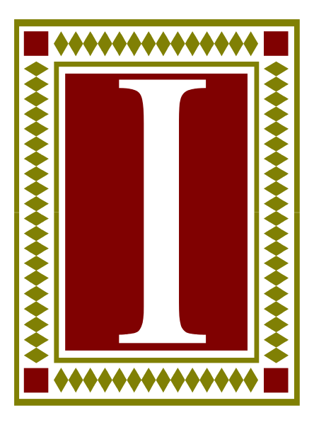 The image shows a red square with an 'I' inside it on top of what appears to be a decorative border that includes geometric patterns in gold and black tones against a dark background.