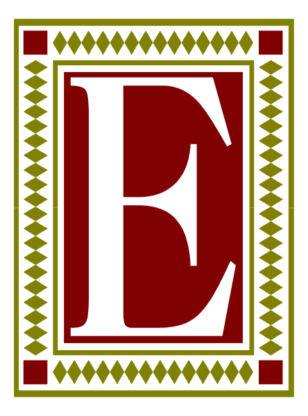 The image shows a logo with an initial "E" inside it on a red background within a square border that has decorative patterns around its edges; above this central design is another smaller rectangle containing more intricate designs and possibly text, but not clearly legible in this description.