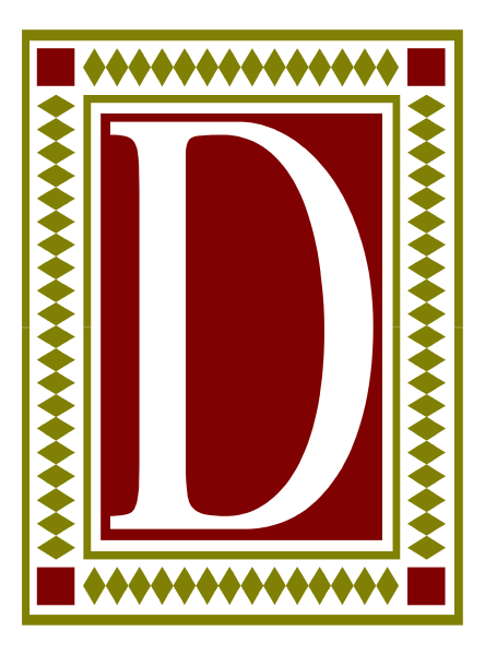 The image shows a logo with an emblem that resembles a shield containing two crossed swords on either side of what appears to be a letter 'D' in white font inside it. Above this central design, there is decorative border featuring small geometric shapes and patterns; below the main symbol are three horizontal lines forming a banner-like structure with additional ornamental designs at each end. The background color behind these elements seems darker than what can be seen of the shield's interior.