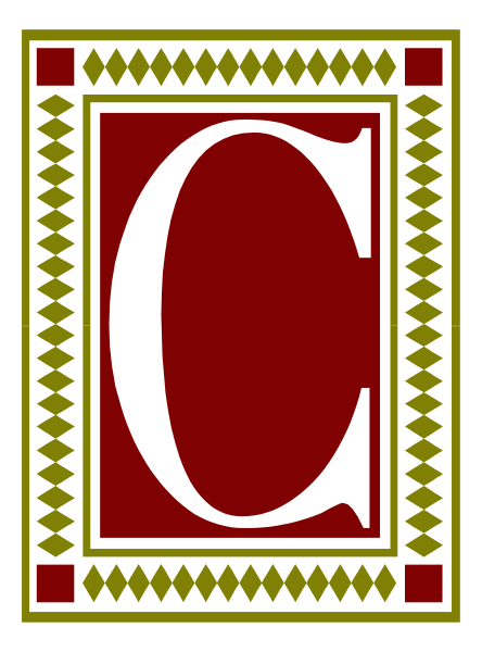 The image shows a logo with an emblem that resembles a shield featuring two crossed swords on either side of what appears to be a letter 'C' in white within it; above this central design, there is decorative border and below it, another ornate pattern.