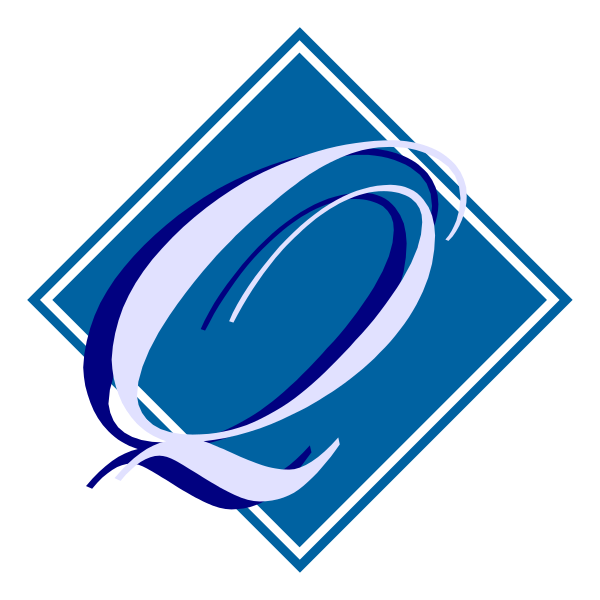 The logo of a company named "Q". It features an abstract design with blue coloring on top half and white below it, resembling a stylized letter 'q' in both halves connected by two lines forming a square shape at bottom right corner.