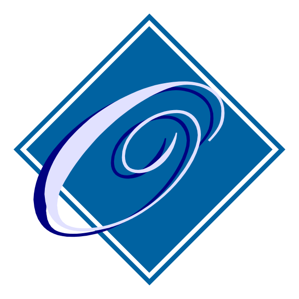 The logo consists of a blue diamond with white swirls inside it on top left corner against black background.