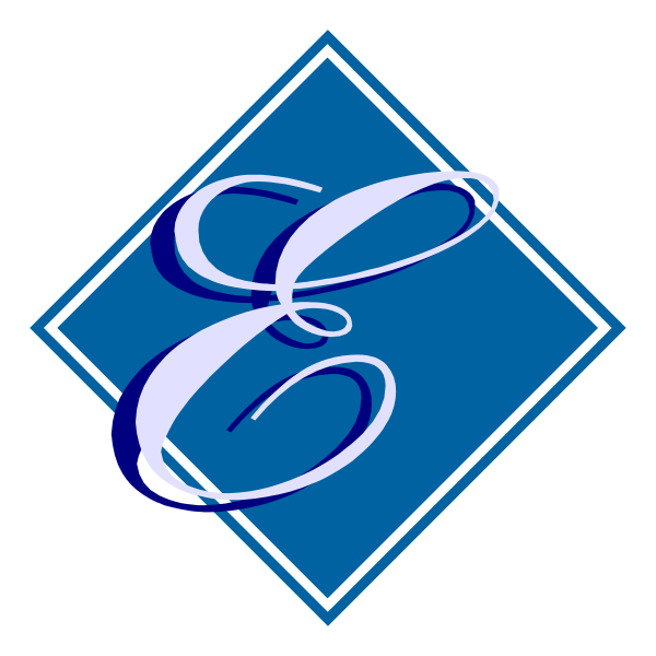 The logo features a stylized letter 'E' with an elegant script font on top of it inside a blue diamond shape against a black background.