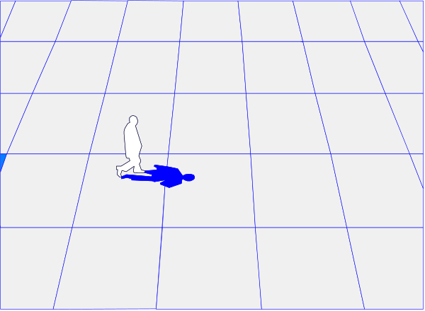 The image shows a simple black and white line drawing of an indoor scene with geometric shapes representing furniture like chairs and tables on what appears to be graph paper backgrounds.